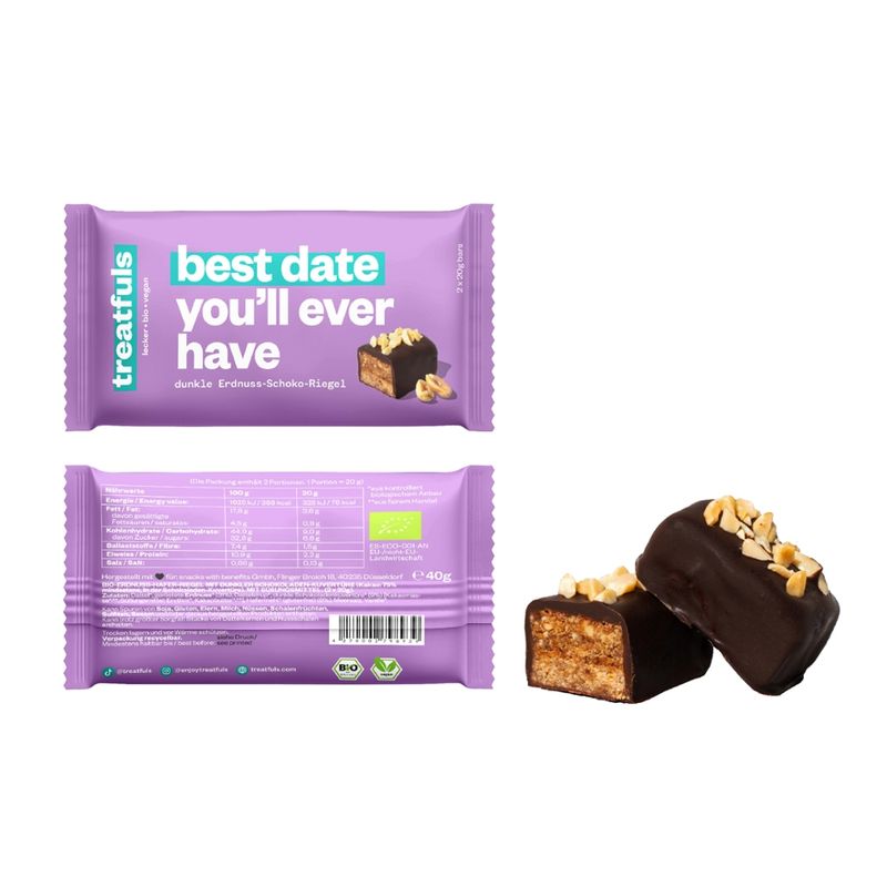 treatfuls treatfuls Bio dunkle Erdnuss-Riegel mit Dattelkaramell und dunklem Schokoladenüberzug - best date you´ll ever have - Produktbild