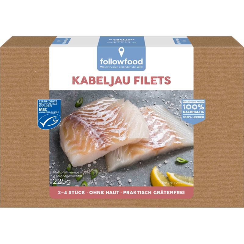 followfood 2-4 Kabeljau Filets, ohne Haut, praktisch grätenfrei, portioniert, tiefgekühlt mit Wasserschutzglasur. - Produktbild