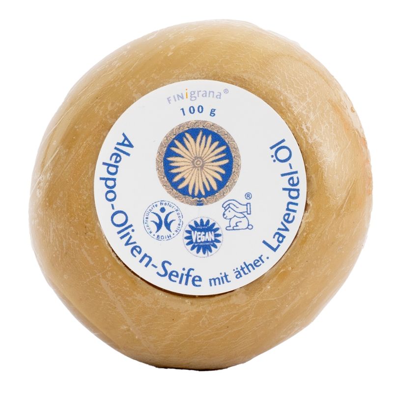 FINigrana® Naturkosmetik FINigrana Aleppo Olivenseife mit rein ätherischem Lavendelöl, 95g rund geformt, milde Pflanzenseife für alle Hauttypen mit zart blumigem Duft - Produktbild
