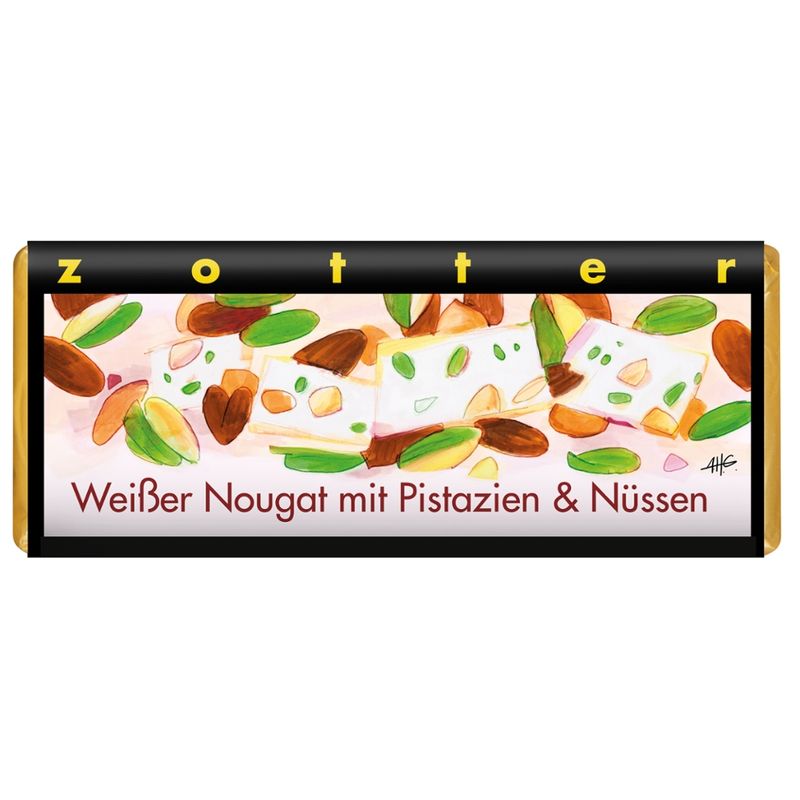 Zotter Schokolade Weißer Nougat mit Pistazien & Nüssen - Produktbild