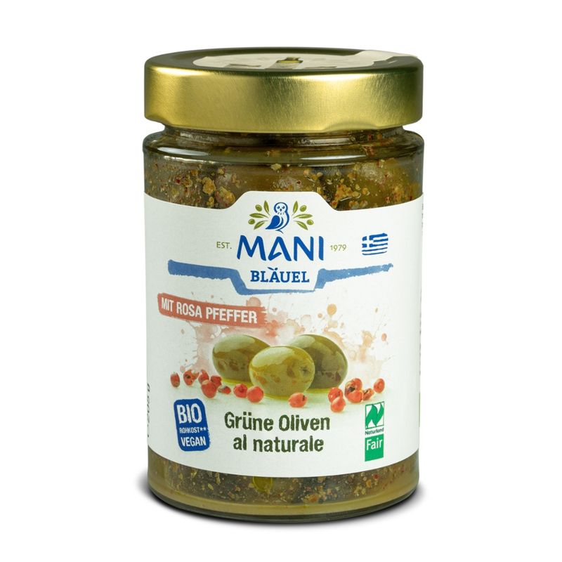 MANI® MANI Grüne Oliven al naturale mit rosa Pfeffer, bio, NL Fair - Produktbild