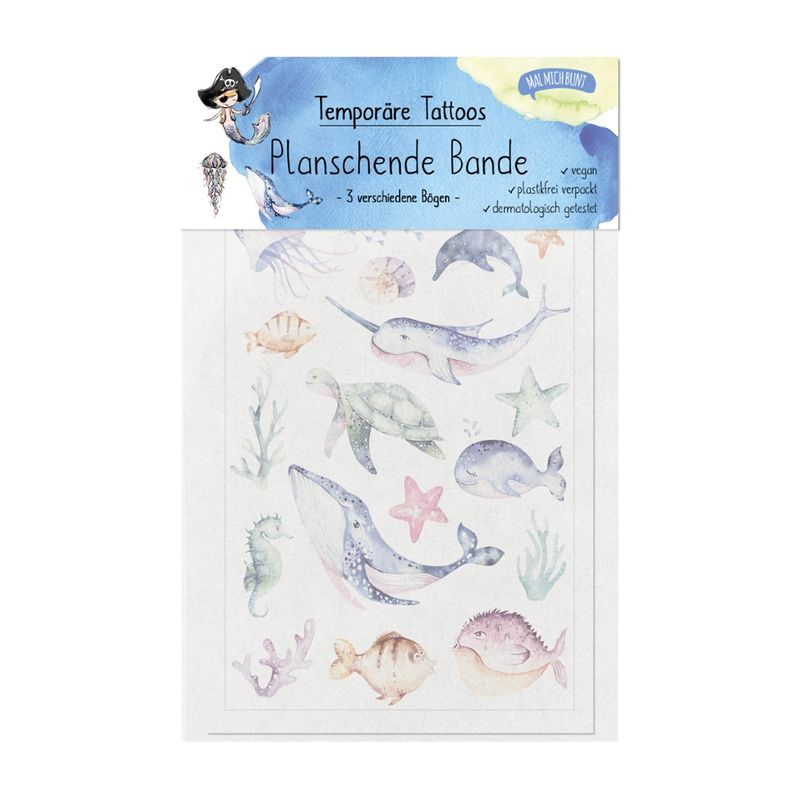 Malmichbunt Nachhaltige Kindertattoos "Planschende Bande" (Fische, Meerjunge, Meerjungfrau) - Produktbild