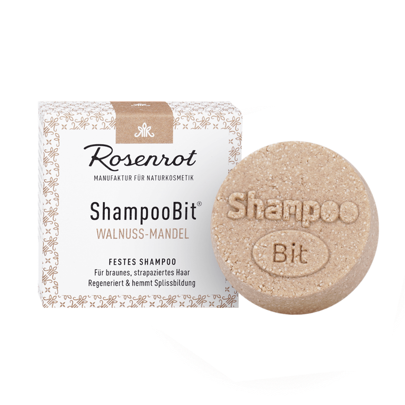 Rosenrot Naturkosmetik festes ShampooBit® Walnuss-Mandel - 55g - in Schachtel - Dieses frisch und harmonisierend duftende feste Shampoo mit Walnusschalen-Extrakt sorgt bei braunem Haar für eine satte und leuchtende Farbe. - Produktbild