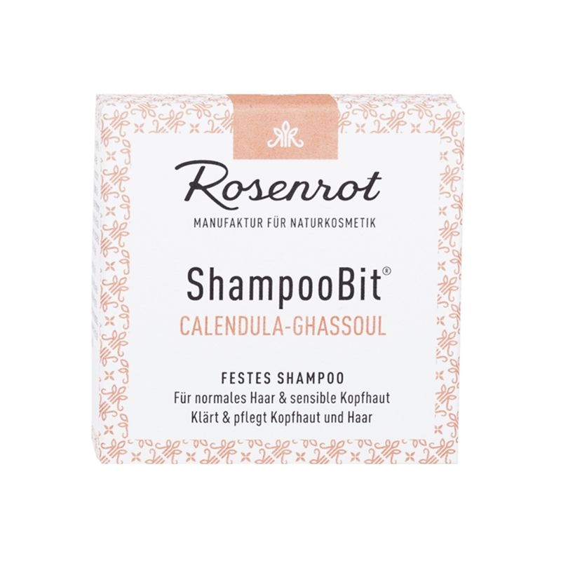 Rosenrot Naturkosmetik festes ShampooBit® Calendula-Ghassoul - 55g - in Schachtel - Dieses milde feste Shampoo Calendula-Ghassoul mit beruhigendem Lavendelöl (im Duft enthalten) und heilendem Calendula-Extrakt ist eine Wohltat für die Kopfhaut. - Produktbild