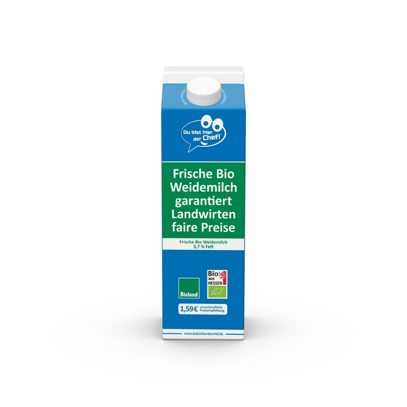 Du bist hier der Chef! Die Verbrauchermarke Du bist hier der Chef! Die Bio-Verbrauchermilch, mit natürlichem Fettgehalt mindestens 3,7 % Fett, pasteurisiert, teilhomogenisiert, 1 Liter - Produktbild