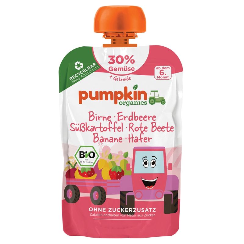 Pumpkin Organics Bio Quetschie mit Birne, Erdbeere, Süßkartoffel, Rote Beete, Banane und Hafer - Produktbild