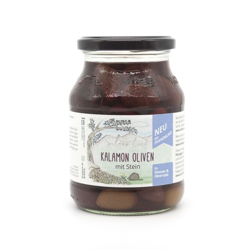Silver leaf Kalamon Oliven im Pfandglas, in Salzlake, mit Stein (515 g) - Produktbild