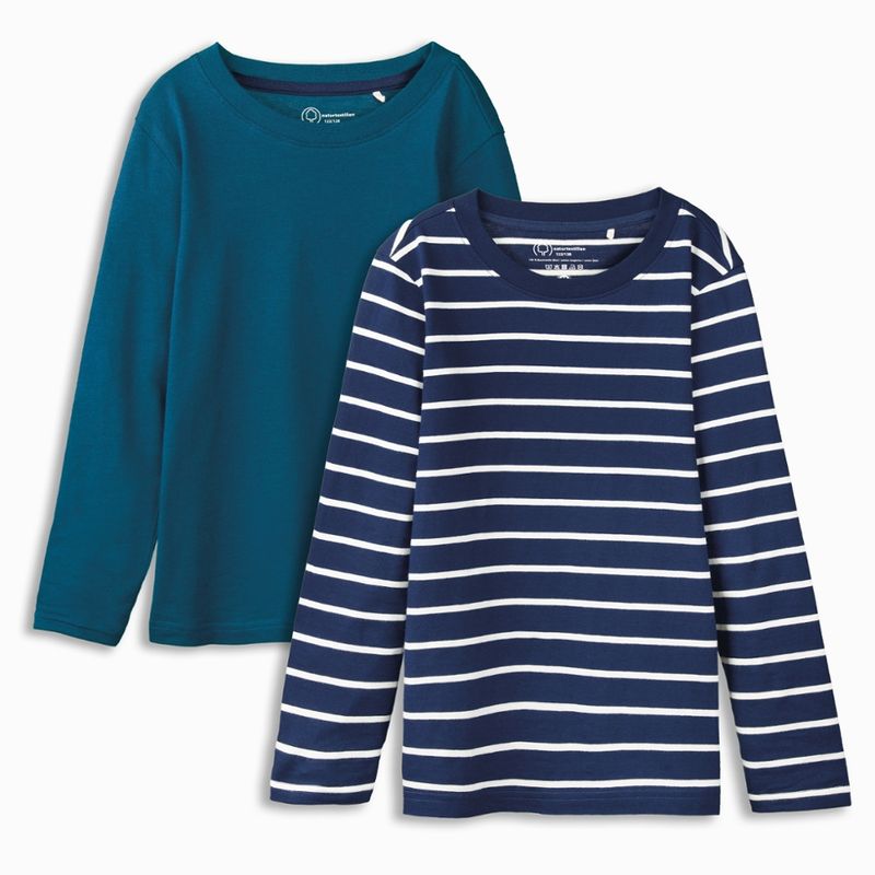 LIVING CRAFTS Jungen-Langarmshirt, 2er Pack, teal/navy/offwhite stripes, 122/128 - Produktbild