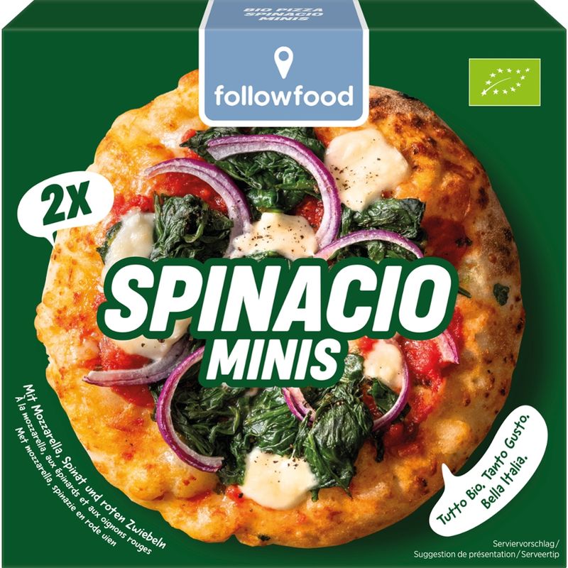 followfood Bio Spinacio Minis, 2 Mini-Pizzen, mit Mozzarella, Spinat und roten Zwiebeln - Produktbild