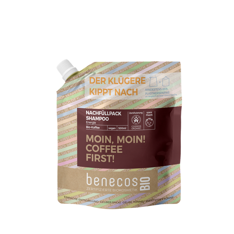 benecos benecosBIO Nachfüllbeutel 500 ml Shampoo Energie BIO-Kaffee - MOIN MOIN! COFFEE FIRST! - Produktbild