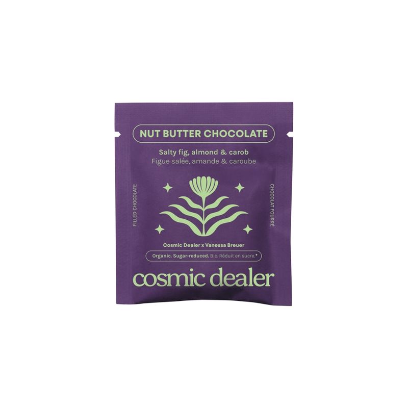 Cosmic Dealer Nut Butter Chocolate - dunkle Schokolade mit geröstetem Mandelmus, Feige, Carob und Meersalz, nur mit Datteln gesüßt, vegan, 20 g - Produktbild