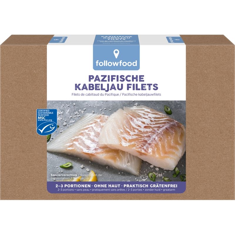 followfood 2-3 Kabeljau Filets, ohne Haut, praktisch grätenfrei, portioniert, tiefgekühlt mit Wasserschutzglasur. - Produktbild