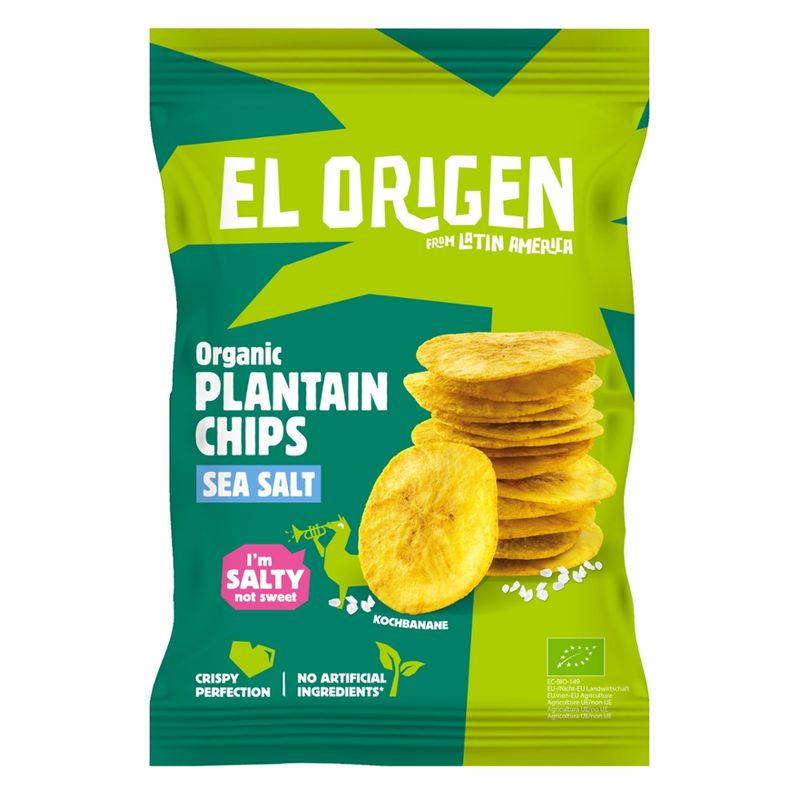 el origen el origen Bio Kochbananen Chips mit Meersalz, 80 g – aus direct trade, bio-zertifiziert, vegan, ohne Palmöl, glutenfrei, ohne Zusätze. - Produktbild