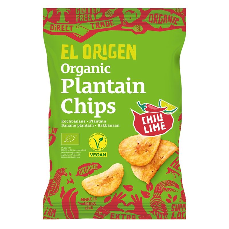 el origen el origen Organic Plantain Chips Chili Lime 80g – aus direct trade, bio-zertifiziert, vegan, ohne Palmöl, glutenfrei, ohne Zusätze. - Produktbild