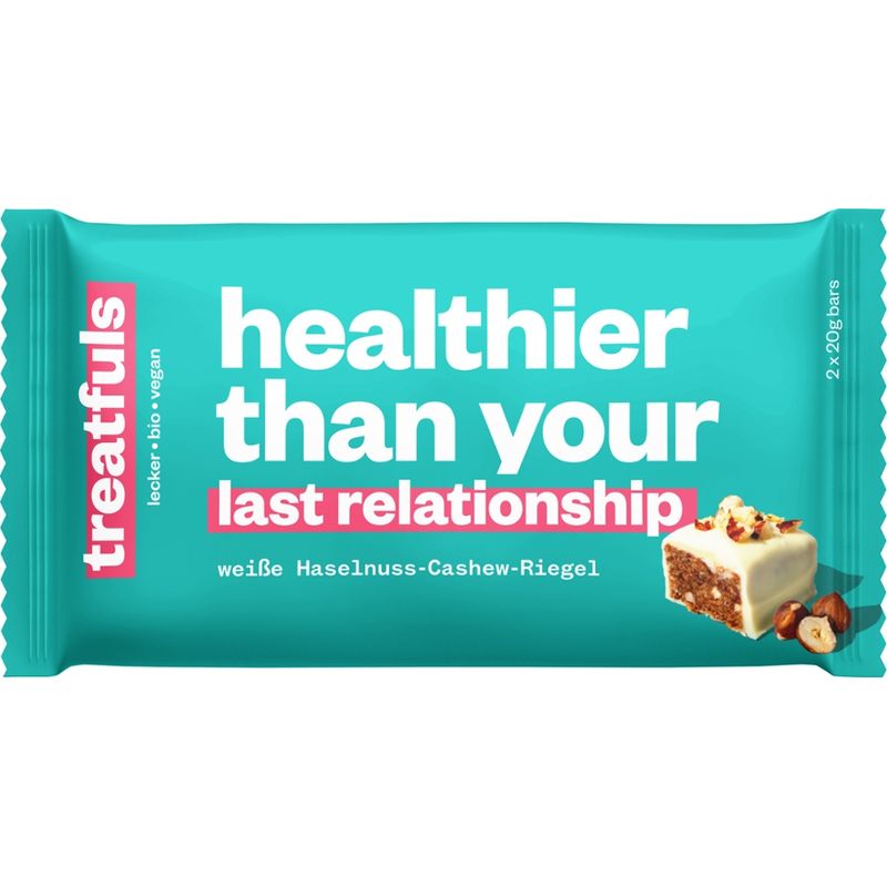 treatfuls BIO-HASELNUSS-CASHEWKERNRIEGEL MIT WEIßEM KAKAOBUTTERHALTIGEM ÜBERZUG, MIT SÜßUNGSMITTEL - Produktbild