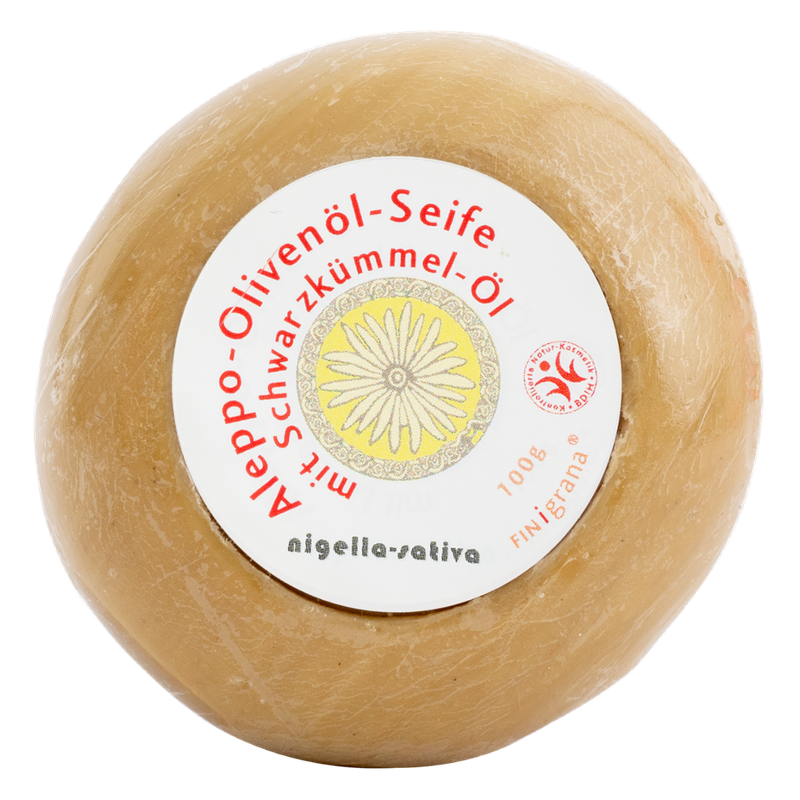 FINigrana® Naturkosmetik FINigrana Aleppo Olivenseife mit Schwarzkümmleöl, 95g, sehr milde Pflanzenseife für alle Hauttypen geeignet, auch für sehr empfindliche Haut - Produktbild