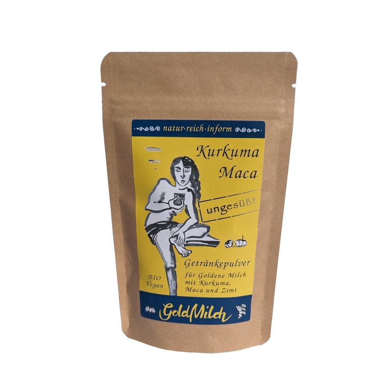 natur-reich-inform GoldMilch - Kurkuma Maca, gänzlich ungesüßt. Ein würziges Getränkepulver auf Basis von Kurkuma und Maca für Goldene Milch frei nach der indischen Ayurvedalehre. - Produktbild