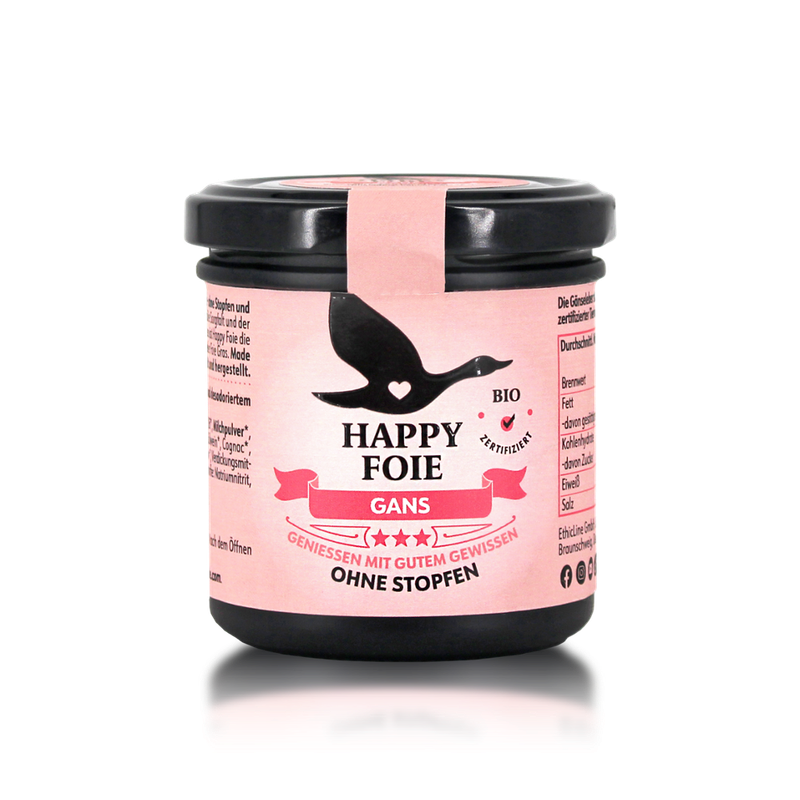 Happy Foie Happy Foie - Gans, bio ; Hergestellt mit großer Sorgfalt und der Leber von freilaufenden und glücklichen Tieren ist Happy Foie die bio-zertifizierte Alternative zu konventioneller Foie Gras. Kulinarischer Genuss ohne Stopfen und mit gutem Gewissen. - Produktbild