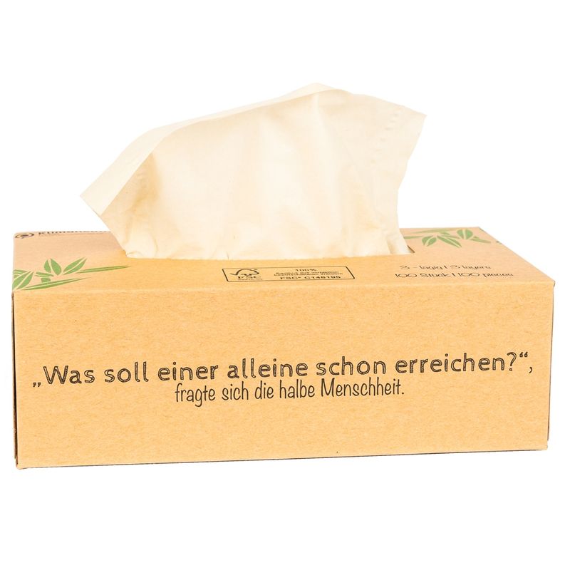 pandoo Unsere 3-lagigen Bambus Taschentücher sind besonders sanft bei empfindlichen Nasen. Die Verpackung ist natürlich gehalten und kann daher im Haushalt gut platziert werden. - Produktbild