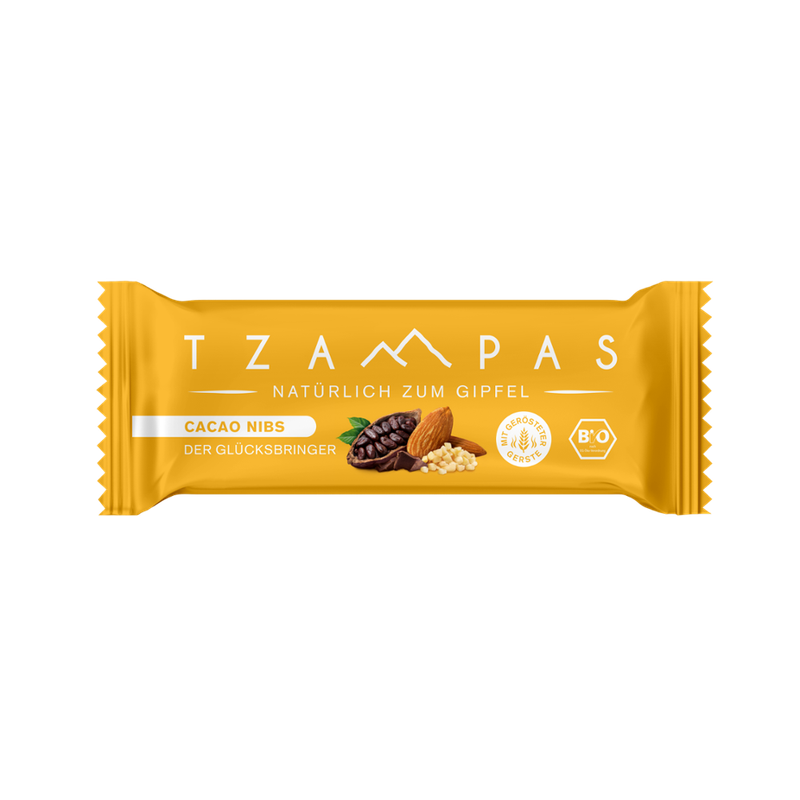 TZAMPAS TZAMPAS Energieriegel Cacao Nibs - Der Glücksbringer. Natürlich zum Gipfel. Aus gerösteter Gerste mit Mandeln und Kakaobohnen. - Produktbild