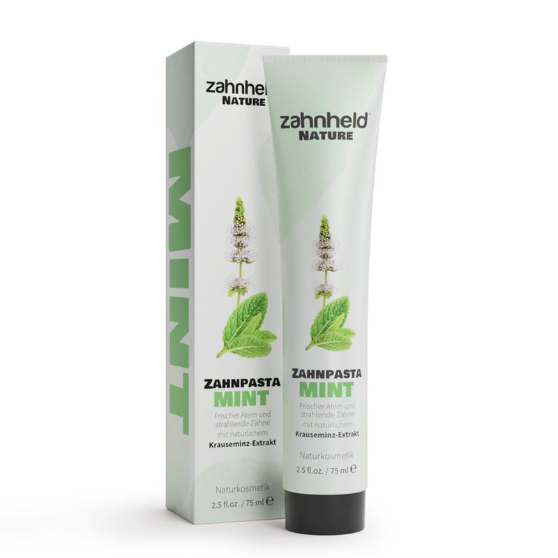 zahnheld Zahnpasta Mint – mit natürlichem Krauseminzextrakt für frischen Atem ohne Schärfe, verbesserte Textur für optimale Schaumbildung, erfrischend durch Menthol & Stevia, fluoridhaltig, hilft Plaque zu reduzieren & unterstützt gesunde Mundhygiene. - Produktbild