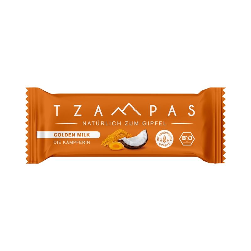 TZAMPAS TZAMPAS Energieriegel Golden Milk - Die Kämpferin. Natürlich zum Gipfel. Mit gerösteter Gerste, Kokos und Kurkuma. - Produktbild