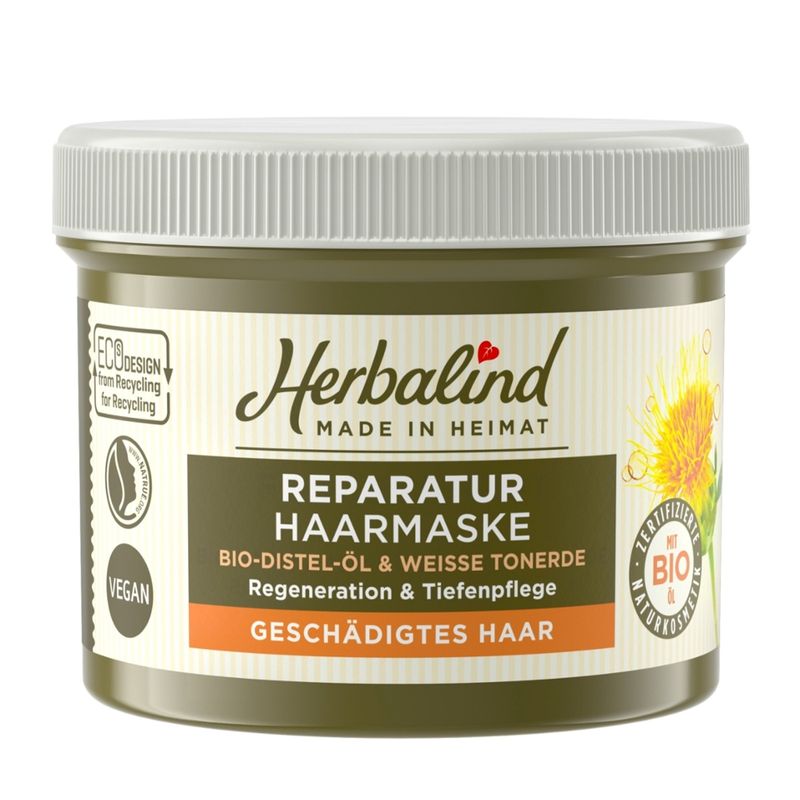 Herbalind Haarmaske Reparatur Bio-Distel-Öl & weiße Tonerde sorgt für Regeneration & Tiefenpflege - für geschädigtes Haar - Produktbild