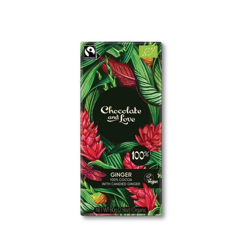 Chocolate and Love Limited Ginger - 80g bar - Organic/Fairtrade Cocoa with Candied Ginger - 100% cocoa - Produktbild