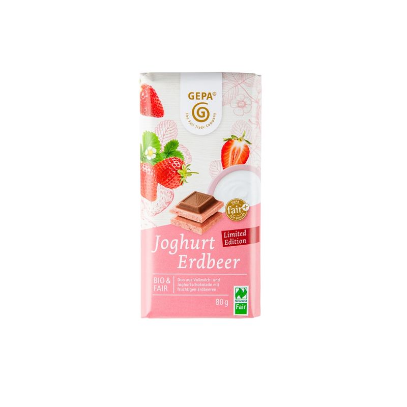 GEPA - The Fair Trade Company Bio Weiße Joghurtschokolade mit  Erdbeerpulver und Vollmilchschokolade - Produktbild