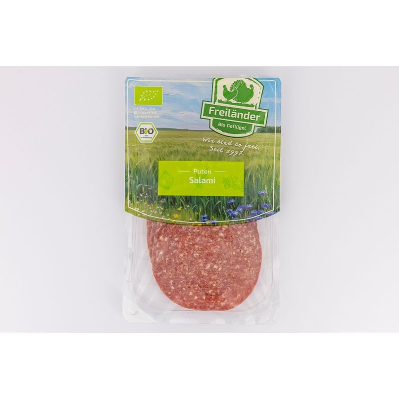 Freiländer Bio Geflügel Putensalami mit Pflanzenfett, 80 g geschnitten, 3er Gebinde - Produktbild