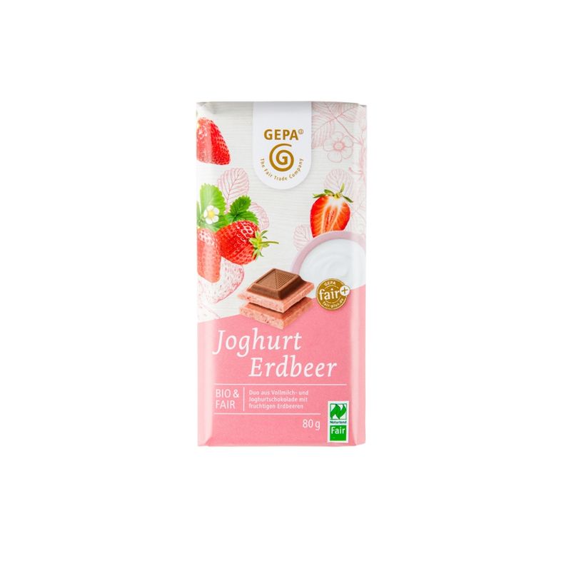 GEPA - The Fair Trade Company Bio Weiße Joghurtschokolade mit  Erdbeerpulver und Vollmilchschokolade - Produktbild