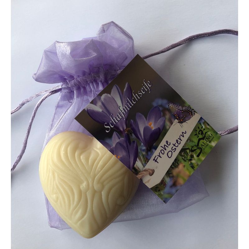 Saling Schafmilchseife "Frohe Ostern" Herz natur im Organzasäckchen , 65g , cosmos organic zertifiziert - Produktbild