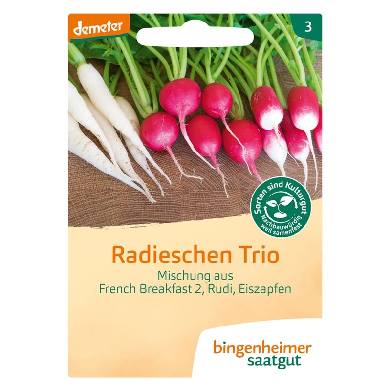 Bingenheimer Saatgut Radieschen Trio - Radies Mischung aus Rudi, Eiszapfen und French Breakfarst - Produktbild