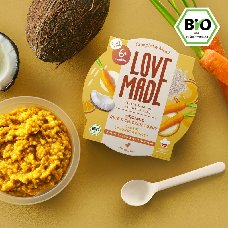 LoveMade Organics Bio Curry-Reisgericht mit Karotten, Hähnchen, Kokos und Ingwer 6+ Monaten - Produktbild