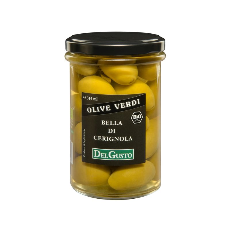 DelGusto Oliven grün in Salzlake mit Stein "Bella di Cerignola", die Königin der Oliven aus Apulien, außergewöhnliche Fruchtigkeit und dennoch mild mit leichter Note von Limone - Produktbild