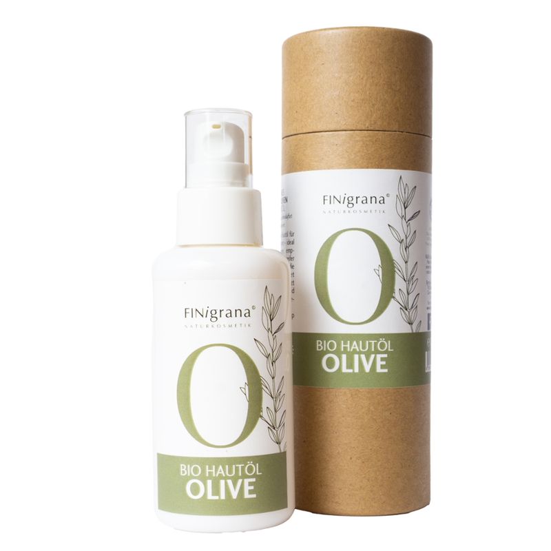 FINigrana® Naturkosmetik FINigrana® Bio Oliven-Haut-Öl, kaltgepresst (schonend desodoriert), abgefüllt 100ml in Opalglasflasche mit Lotionspumpe und Licht- & Transport Schutz Kartonröhre - Produktbild