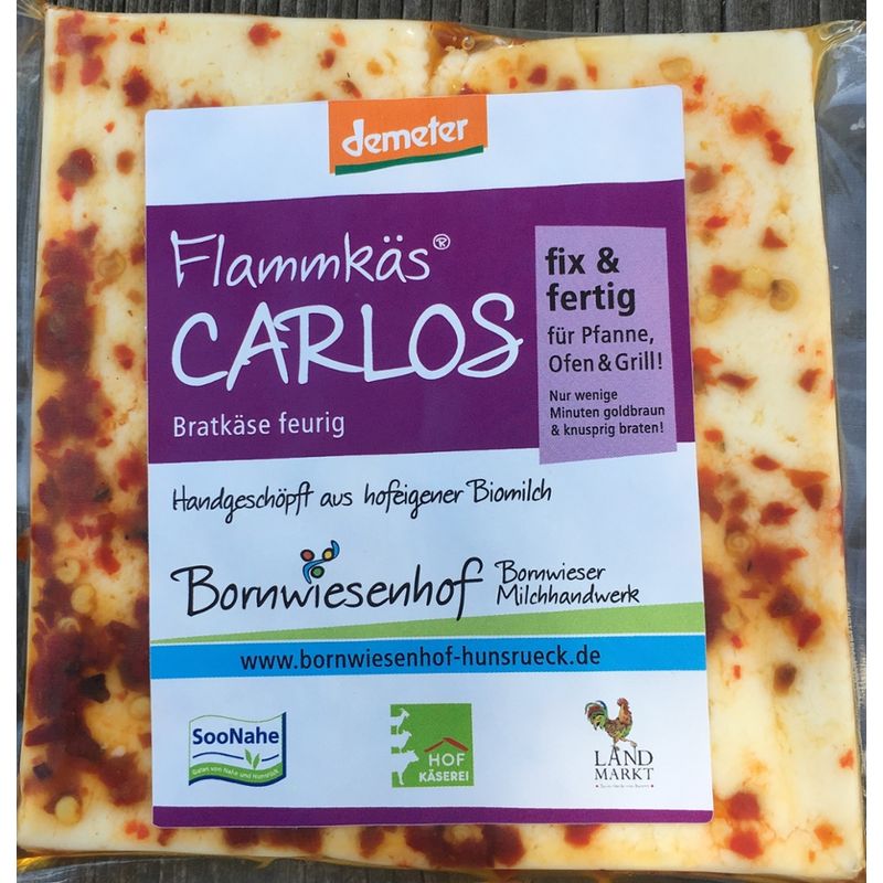Bornwieser Milchhandwerk Flammkäs Carlos, Bratkäse feurig, fix und fertig für Ofen, Pfanne, Grill, nur wenige Minuten goldbraun und knusprig braten - Produktbild