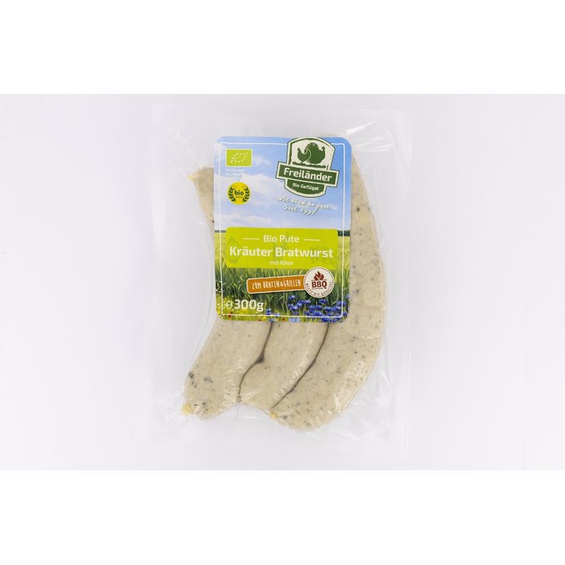 Freiländer Bio Geflügel Puten Kräuterbratwurst mit Käse, 300 g, vac., frisch, im 3er Gebinde - Produktbild