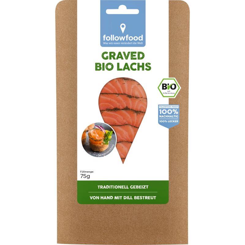 followfood Graved Bio-Lachs, aufgetaut, in Scheiben, gebeizt, mit Bio-Dill bestreut - Produktbild