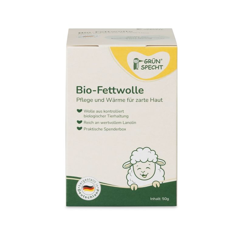 GRÜNSPECHT Naturprodukte GRÜNSPECHT Bio-Fettwolle kbT 50 g, in Wiederverschließbarer Spenderbox, Hergestellt in Deutschland - Produktbild