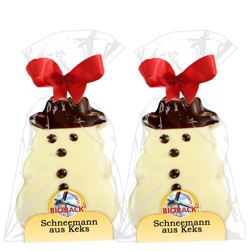 rosmarin BIOBACK Schneemann Keks in weißer Schokolade in Tüte/Schleife - Produktbild
