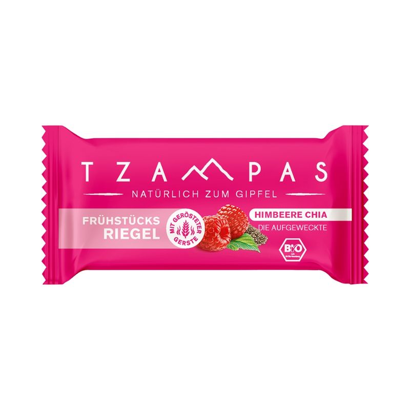 TZAMPAS TZAMPAS Frühstücksriegel Himbeere Chia - Die Aufgeweckte. Natürlich zum Gipfel. Aus gerösteter Gerste, mit Himbeere und Chiasamen. - Produktbild