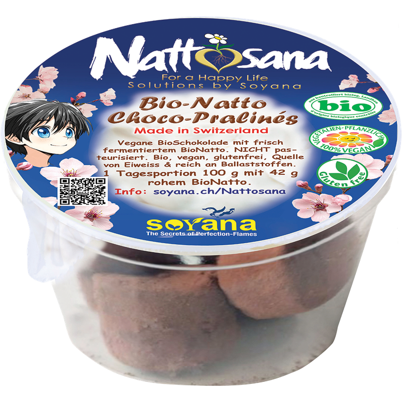 Soyana Nattosana BioNatto-Choco-Pralinés mit 46g veganer BioSchokolade und 42g frisch fermentiertem BioNatto. - Produktbild