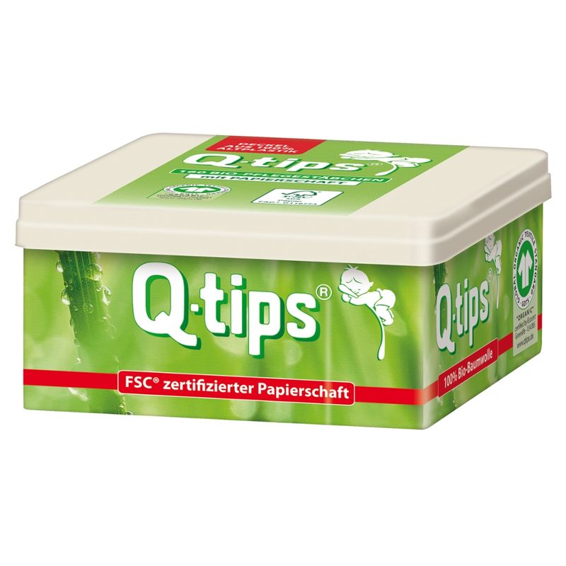 Q-tips® Q-tips® Bio-Pflegestäbchen, Würfelbox, 160 Stück - Produktbild