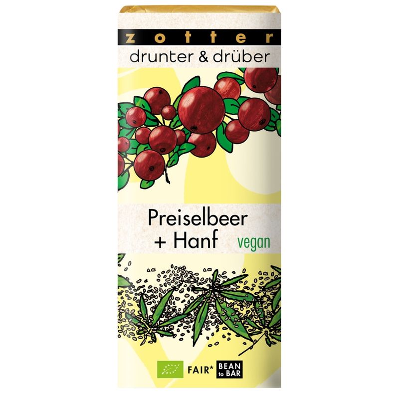 Zotter Schokolade drunter & drüber Preiselbeer + Hanf VEGAN - Produktbild