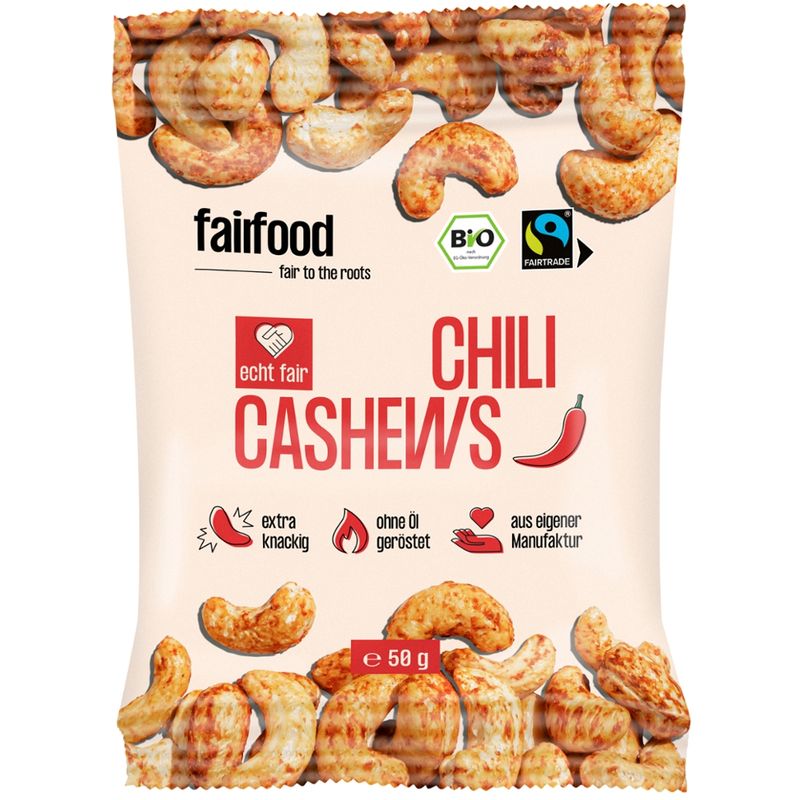 fairfood Freiburg Faire Cashews mit Chili geröstet (50g Snackbag) - Produktbild