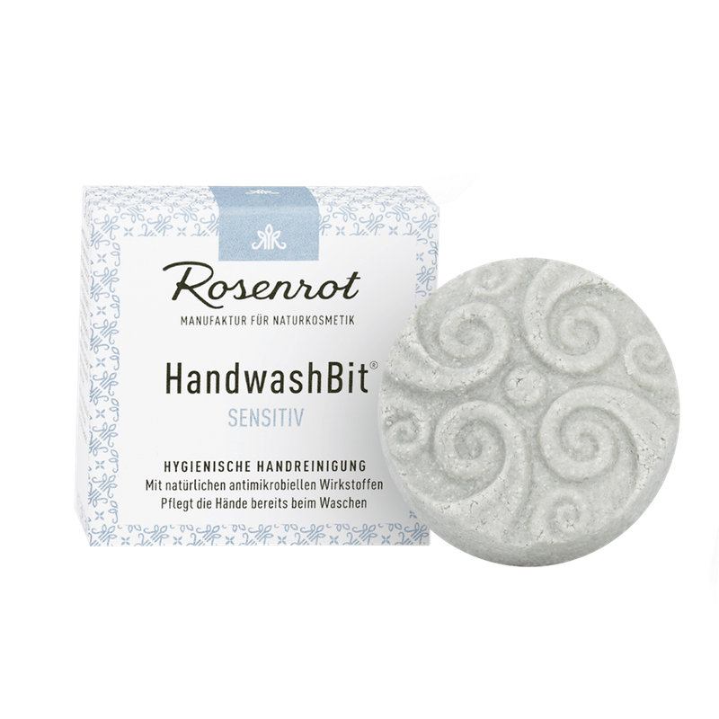 Rosenrot Naturkosmetik HandwashBit® - feste Waschlotion Sensitiv - 60g - in Schachtel - Duftfrei mit wertvollen Pflegeölen. Für seidige, zarte Haut ohne Irritationen. - Produktbild