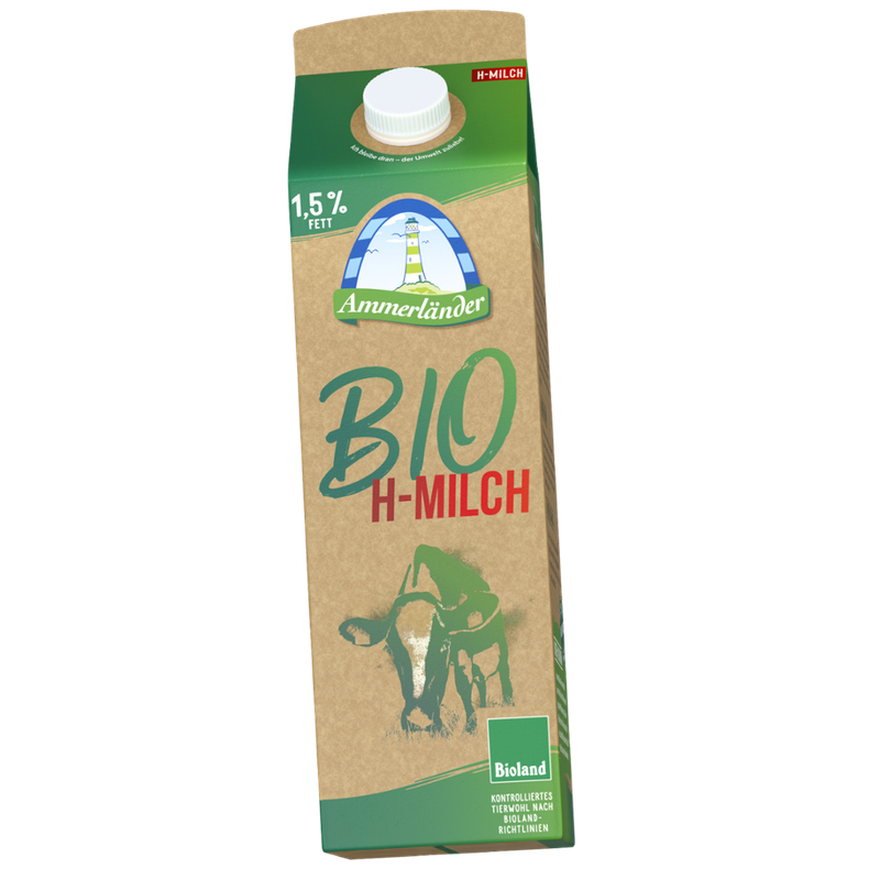Ammerländer Ammerländer fettarme Bio H-Milch, 1,5 % Fett, ultrahocherhitzt, 1 L - Produktbild