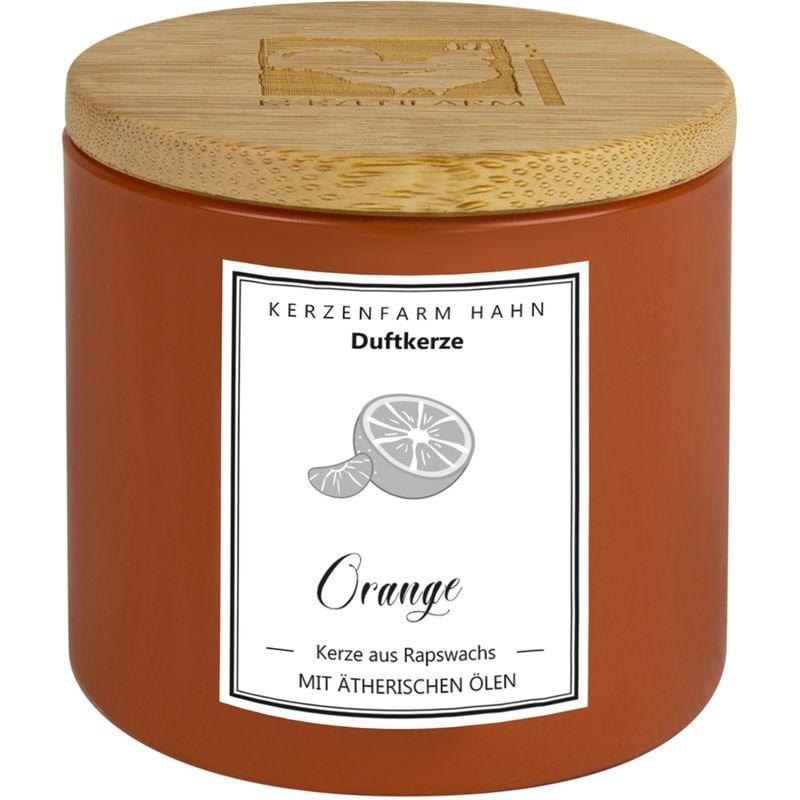 Kerzenfarm Hahn Von Hand gegossene Duftkerze im Glas, orange, befüllt mit  Rapswachs, mit natürlichen ätherischen Ölen beduftet.  Natürlicher Duft Orange - Produktbild