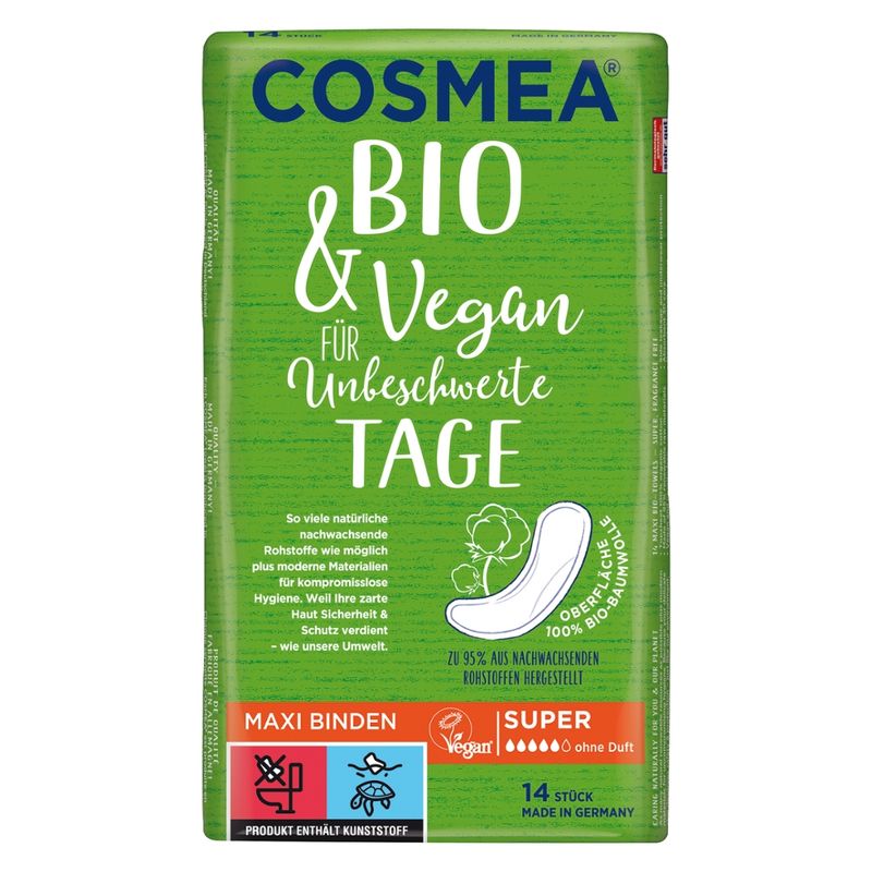 COSMEA®  COSMEA® BIO Maxi Binden, VEGAN, Super ohne Duft, 14 Stück - Produktbild